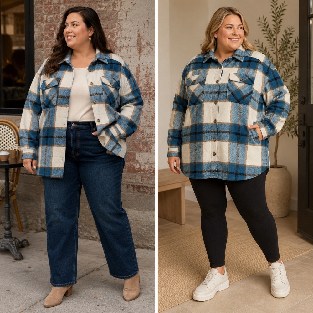 Urban Diction Women's 2X Blue Plaid Shacket Button Front Overshirt Pockets Cabin